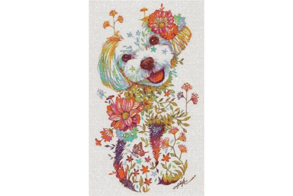 Flowers Dog Counted Cross Stitch Pattern